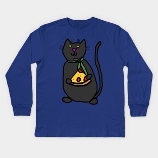 Cute Cat and Pizza Slice Kids Long Sleeve T-Shirt